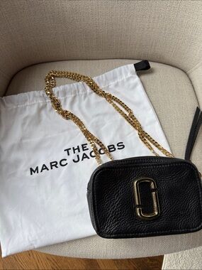 Marc Jacobs Black Leather Camera Bag with Gold Chain Strap